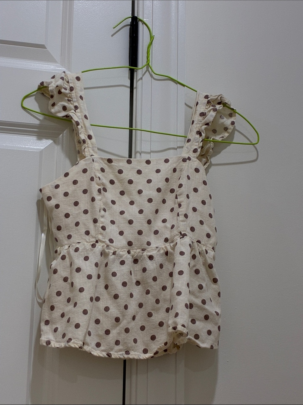 Cream Polka Dot Ruffle Strap Tank Top